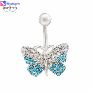 Fly Me A River Stainless Steel Rhinestone Butterfly Navel Ring