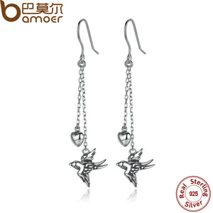 Sweet Swallow 925 Sterling Silver Long Drop Earrings