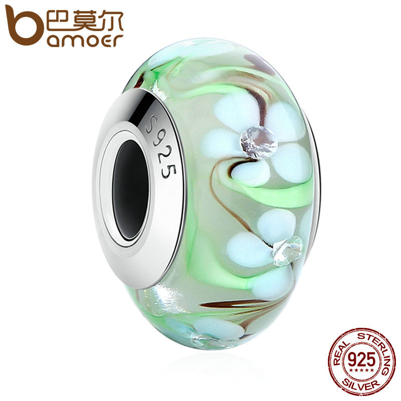 Water Flower 925 Sterling Silver Murano Glass Charm Bead