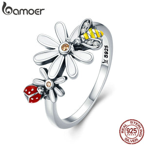 Buzzin Babe 925 Sterling Silver Bee and Ladybug Ring