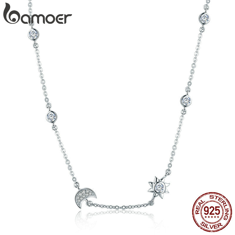 Sparkling Moon & Stars 925 Sterling Silver Necklace